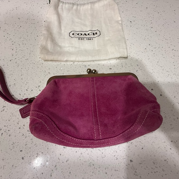 Coach Handbags - Coach pink Suede Kiss-Lock Wristlet Clutch